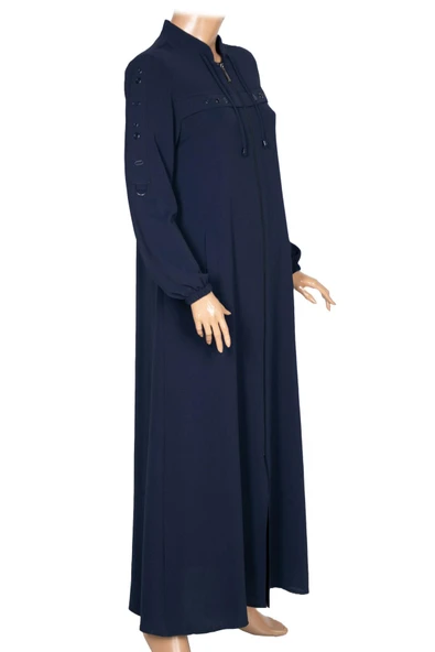 Hesna Kadın Selvi Dokuma Krep Kuş Gözü Aksesuarlı Lacivert Ferace - Resim 3