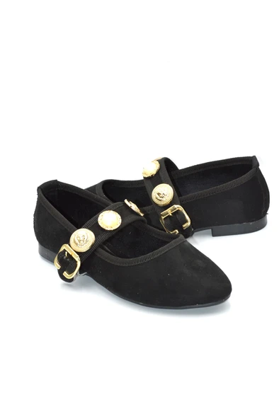 Kadın Süet Siyah Kemerli Tokalı Günlük Babet - 5