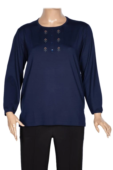 Cimariva Kadın Neşe Büyük Beden O Yaka Robası Nakışlı Lacivert Bluz