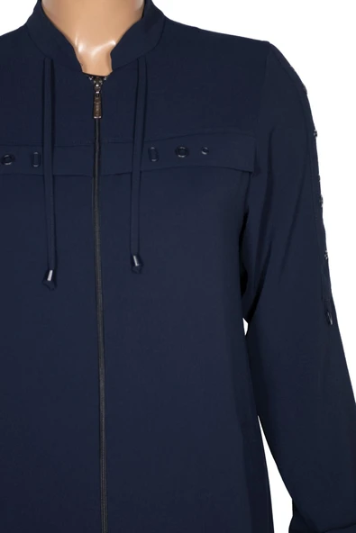 Hesna Kadın Selvi Dokuma Krep Kuş Gözü Aksesuarlı Lacivert Ferace - Resim 2