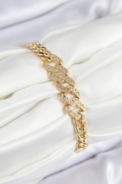 Pirinç Zirkon Taşlı Ezme Küba Zincir Model Gold Renk Kadın Bileklik - Resim 2