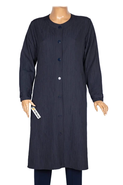 Hesna Kadın Luna Büyük Beden Krinkıl Çıtçıtlı Lacivert Kap Ceket