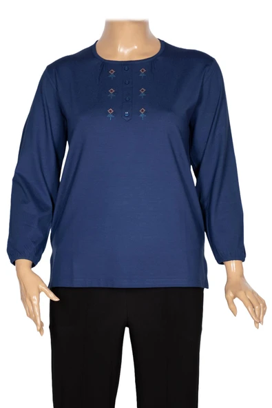 Cimariva Kadın Neşe Büyük Beden O Yaka Robası Nakışlı İndigo Bluz ürün görseli 1