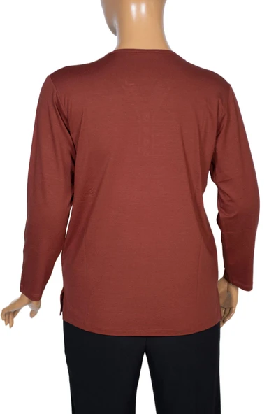 Cimariva Kadın Dicle Büyük Beden V Yaka Dantelli Taba Bluz - Resim 3