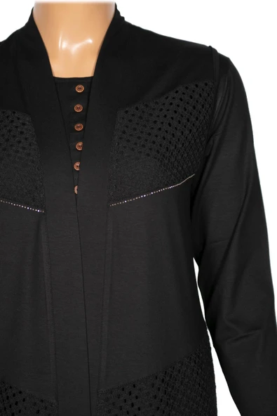 Hesna Kadın Özge Büyük Beden Verev File Kombinli Diz Boyu Siyah Yelek - 2