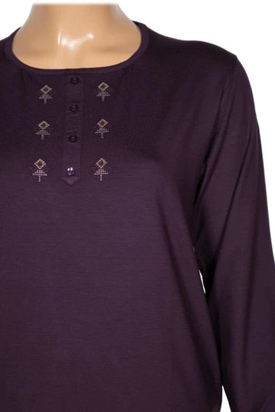 Cimariva Kadın Neşe Büyük Beden O Yaka Robası Nakışlı Mürdüm Bluz - 2