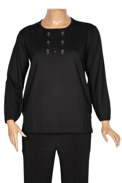Cimariva Kadın Neşe Büyük Beden O Yaka Robası Nakışlı Siyah Bluz