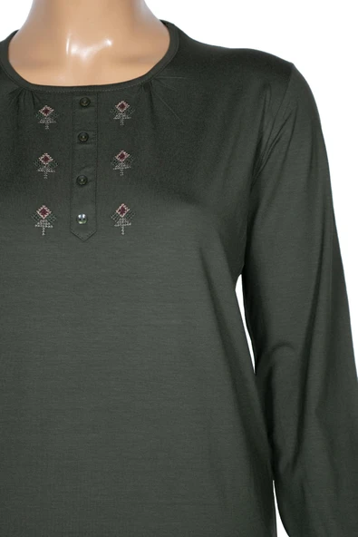 Cimariva Kadın Neşe Büyük Beden O Yaka Robası Nakışlı Haki Bluz - 2