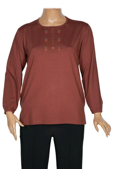 Cimariva Kadın Neşe Büyük Beden O Yaka Robası Nakışlı Taba Bluz