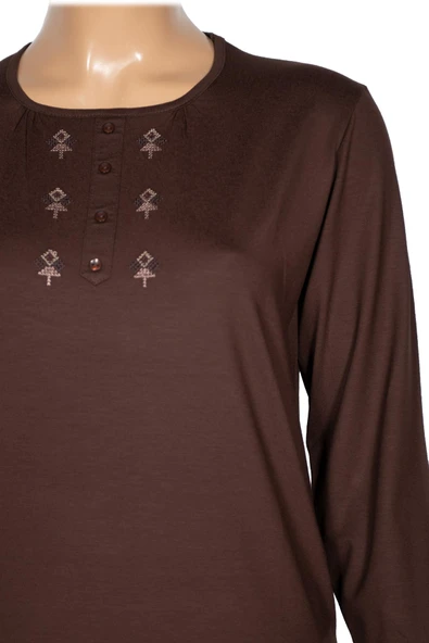 Cimariva Kadın Neşe Büyük Beden O Yaka Robası Nakışlı Kahverengi Bluz - 2