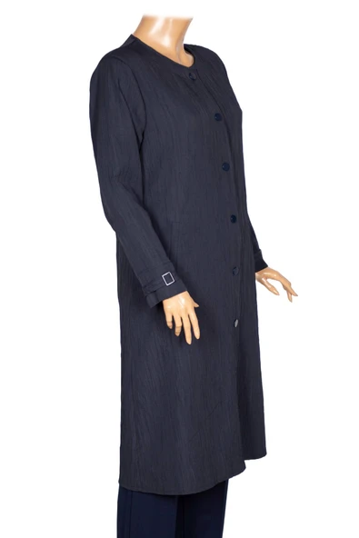 Hesna Kadın Luna Büyük Beden Krinkıl Çıtçıtlı Lacivert Kap Ceket - 3