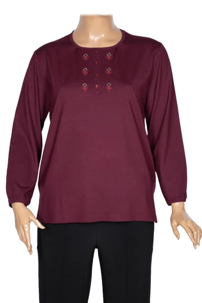 Cimariva Kadın Neşe Büyük Beden O Yaka Robası Nakışlı Bordo Bluz ürün görseli 1