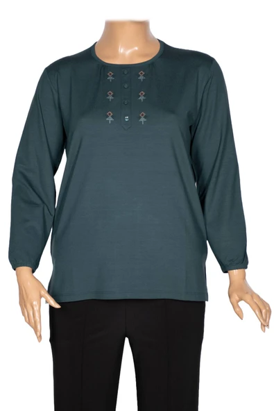 Cimariva Kadın Neşe Büyük Beden O Yaka Robası Nakışlı Koyu Turkuaz Bluz ürün görseli 1