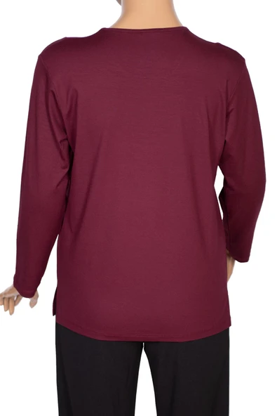 Cimariva Kadın Neşe Büyük Beden O Yaka Robası Nakışlı Bordo Bluz - Resim 3
