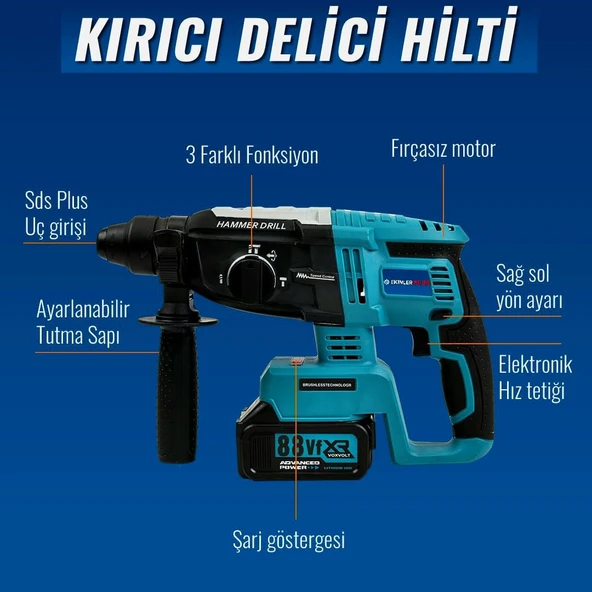 Akülü Süper 5li Set Makina 88vf 5ah 125mm Avuç Taşlama + Sds Plus Kırıcı Delici Hilti + Somun Sıkma Sökme + Vidalama Matkap + Budama Testere  EEA376 - Resim 3