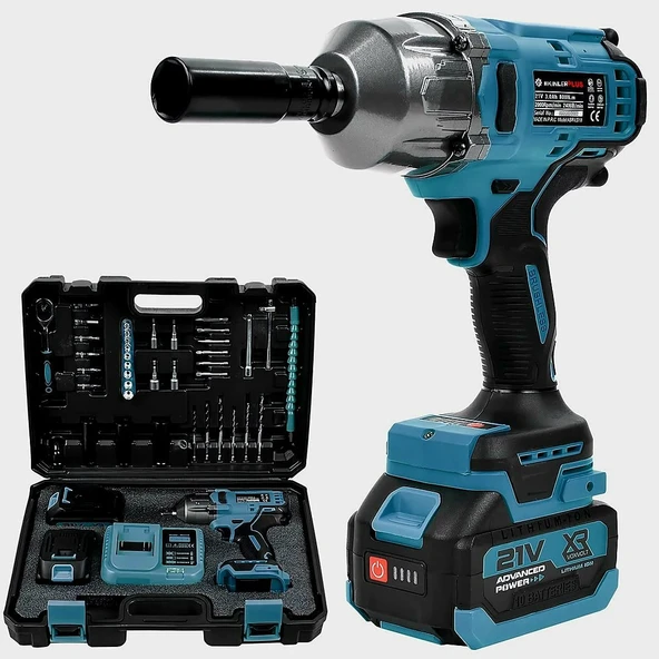 Akülü Kömürsüz Motor 800 Nm Torklu Şarjlı Somun Sıkma Bijon Sökme Seti MaviEEA405 ürün görseli 1