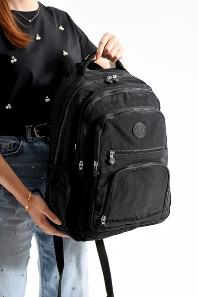 Bagacar Bolsas 1087 Su Geçirmez İthal Krinkıl Kumaş Laptop Bölmeli Okul ve Günlük Sırt Çantası Siyah - 1