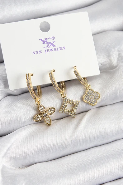 Pirinç Zİrkon Taşlı Yonca Model Gold Renk 3'lü Kadın Küpe - TJ-BKP10949 - 1