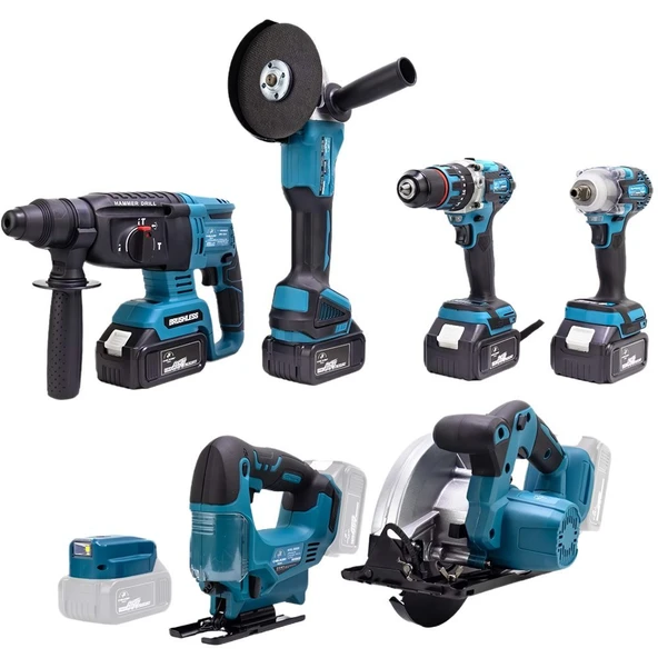 CHELİKBEİ EEA378 Akülü 7li Set Kırıcı Delici + 450Nm Somun Sökme + 13mm Vidalama + Daire Testere + 125mm Avuç Taşlama + Dekupaj Testere + Powerbank ve Led ürün görseli 1