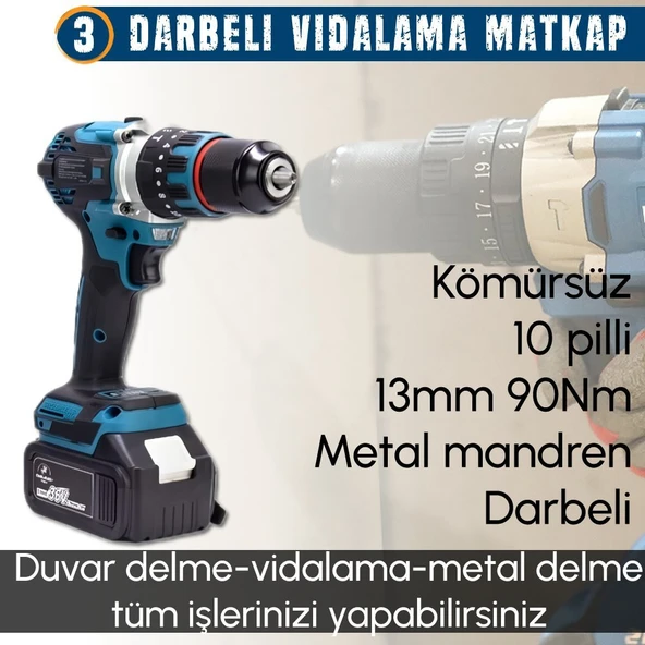 CHELİKBEİ EEA378 Akülü 7li Set Kırıcı Delici + 450Nm Somun Sökme + 13mm Vidalama + Daire Testere + 125mm Avuç Taşlama + Dekupaj Testere + Powerbank ve Led - Resim 6