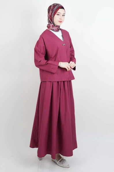 Tesettür Takım Tek Cep Detaylı Poplin Etekli 2'li Takım Bordo - Resim 2