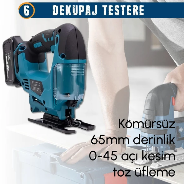CHELİKBEİ EEA378 Akülü 7li Set Kırıcı Delici + 450Nm Somun Sökme + 13mm Vidalama + Daire Testere + 125mm Avuç Taşlama + Dekupaj Testere + Powerbank ve Led - Resim 9