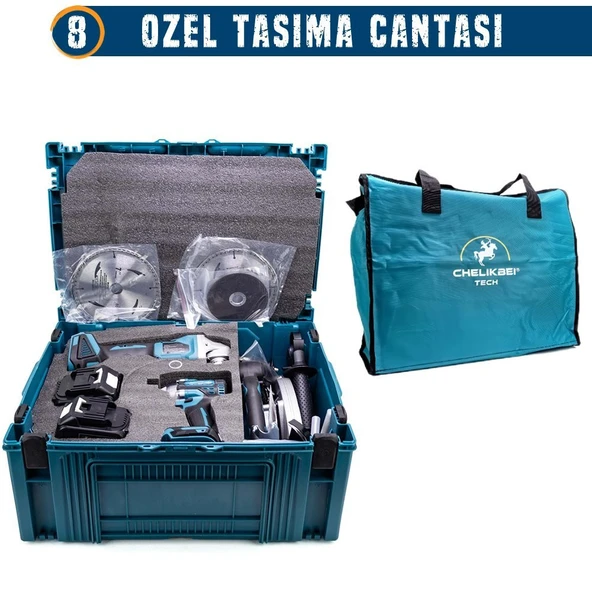 CHELİKBEİ EEA378 Akülü 7li Set Kırıcı Delici + 450Nm Somun Sökme + 13mm Vidalama + Daire Testere + 125mm Avuç Taşlama + Dekupaj Testere + Powerbank ve Led - Resim 11