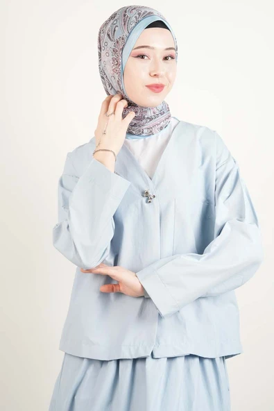 Tesettür Takım Tek Cep Detaylı Poplin Etekli 2'li Takım Mavi - Resim 2