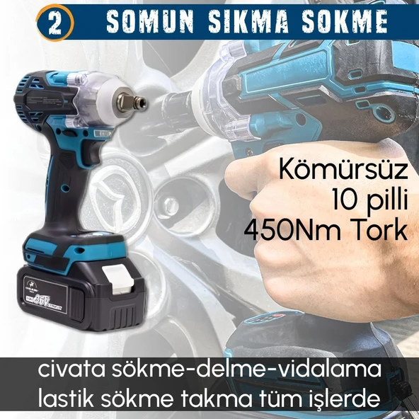 CHELİKBEİ EEA378 Akülü 7li Set Kırıcı Delici + 450Nm Somun Sökme + 13mm Vidalama + Daire Testere + 125mm Avuç Taşlama + Dekupaj Testere + Powerbank ve Led - Resim 5