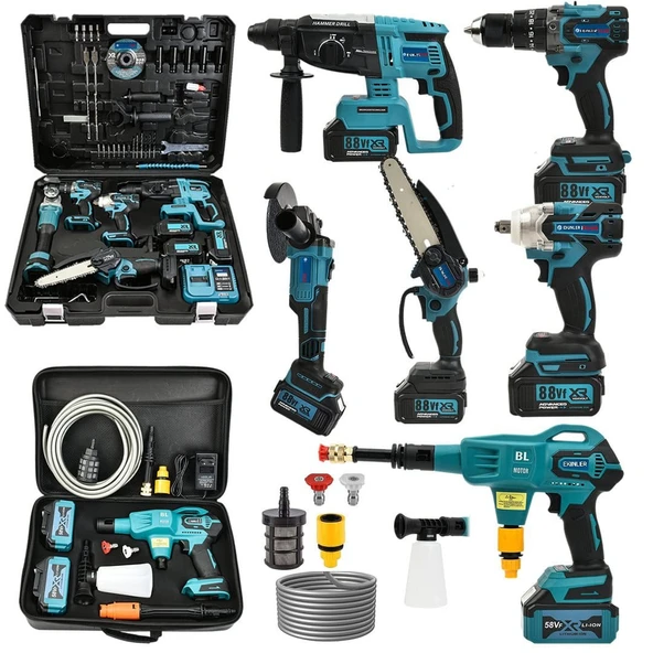 Akülü 6 lı Grup Set ( 5li Makina Seti Avuç Taşlama,Kırıcı Delici,Somun Sıkma Sökme,Vidalama,Budama Testere + 58Vf Akülü Kömürsüz Araç Yıkama Seti )  EEA431 ürün görseli 1