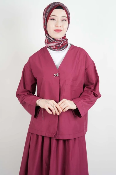 Tesettür Takım Tek Cep Detaylı Poplin Etekli 2'li Takım Bordo - Resim 4