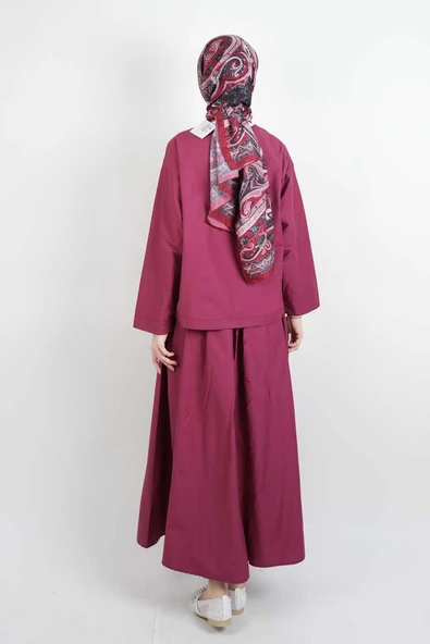 Tesettür Takım Tek Cep Detaylı Poplin Etekli 2'li Takım Bordo - Resim 3