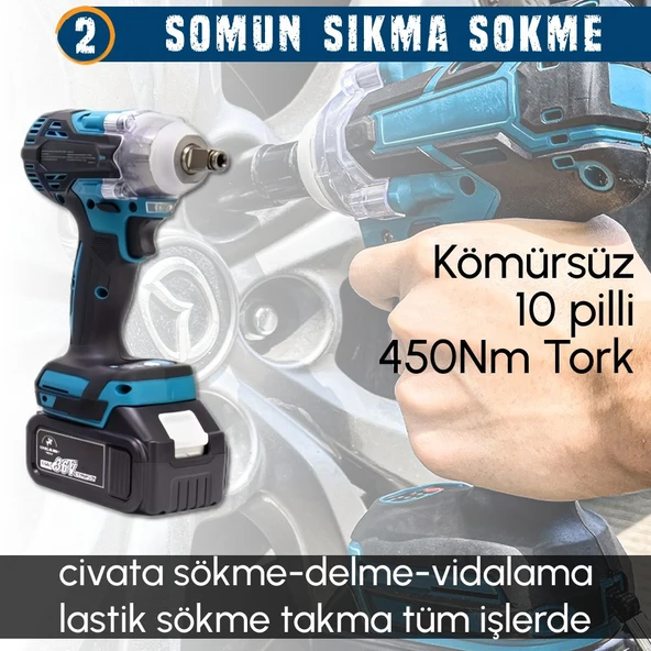 CHELİKBEİ EEA379 Akülü 8li Set Kırıcı Delici + 450Nm Somun Sökme + 13mm Vidalama + Dal budama makası + Dal testeresi + 125mm Avuç Taşlama + Dekupaj Testere + Powerbank ve Led - 5