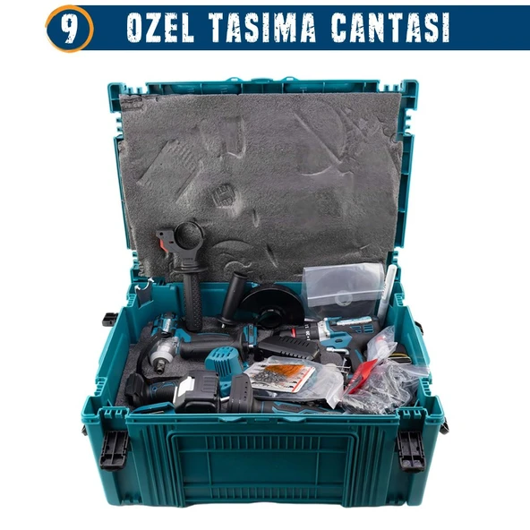 CHELİKBEİ EEA379 Akülü 8li Set Kırıcı Delici + 450Nm Somun Sökme + 13mm Vidalama + Dal budama makası + Dal testeresi + 125mm Avuç Taşlama + Dekupaj Testere + Powerbank ve Led - 12