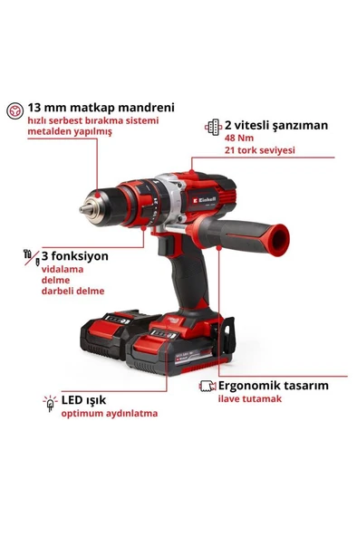 Einhell TE-CD 18/48 Li-i Çift Akülü 2 Ah Darbeli Matkap - Resim 2