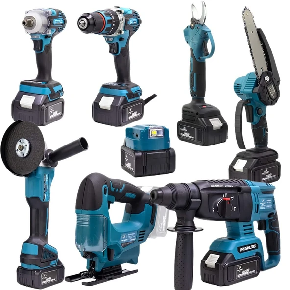 CHELİKBEİ EEA379 Akülü 8li Set Kırıcı Delici + 450Nm Somun Sökme + 13mm Vidalama + Dal budama makası + Dal testeresi + 125mm Avuç Taşlama + Dekupaj Testere + Powerbank ve Led