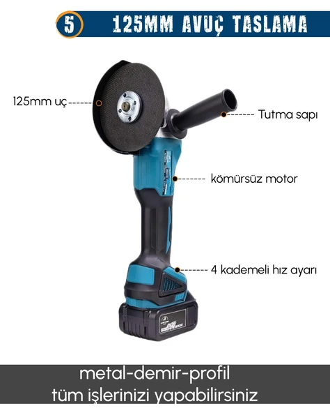 CHELİKBEİ EEA388 Akülü 9 LU Set (Power Bank & Led + Kırıcı Delici Matkap + Avuç taşlama + Somun Sıkma + Vidalama + Sunta Kesme + Dekupaj + Budama Testeresi + Budama Makası) - 7