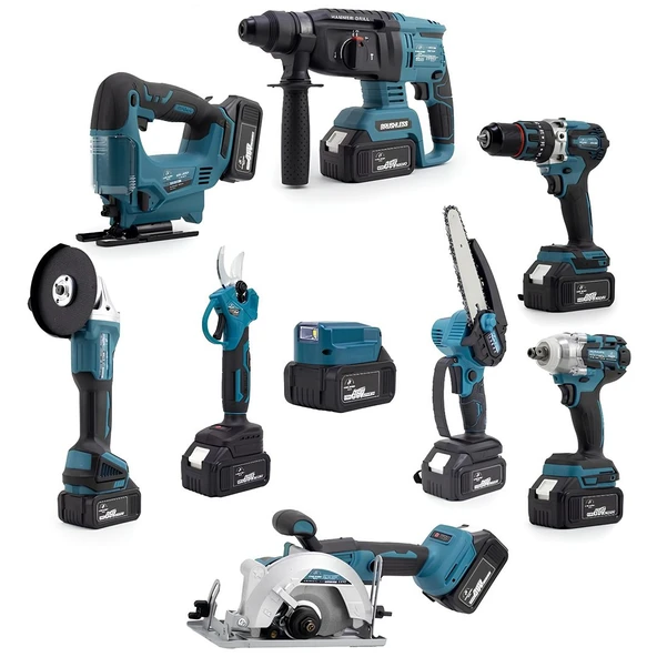 CHELİKBEİ EEA388 Akülü 9 LU Set (Power Bank & Led + Kırıcı Delici Matkap + Avuç taşlama + Somun Sıkma + Vidalama + Sunta Kesme + Dekupaj + Budama Testeresi + Budama Makası)