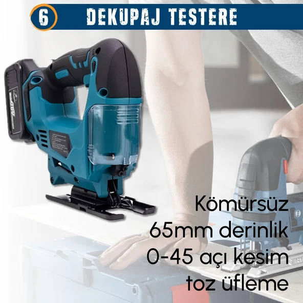 CHELİKBEİ EEA379 Akülü 8li Set Kırıcı Delici + 450Nm Somun Sökme + 13mm Vidalama + Dal budama makası + Dal testeresi + 125mm Avuç Taşlama + Dekupaj Testere + Powerbank ve Led - 9