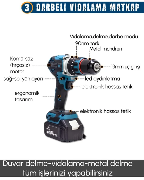 CHELİKBEİ EEA388 Akülü 9 LU Set (Power Bank & Led + Kırıcı Delici Matkap + Avuç taşlama + Somun Sıkma + Vidalama + Sunta Kesme + Dekupaj + Budama Testeresi + Budama Makası) - 5