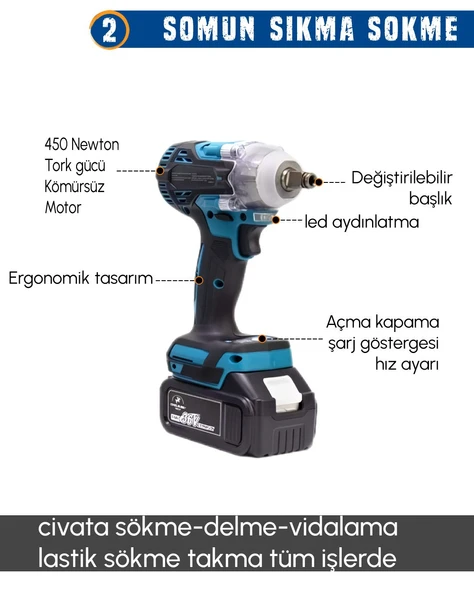 CHELİKBEİ EEA388 Akülü 9 LU Set (Power Bank & Led + Kırıcı Delici Matkap + Avuç taşlama + Somun Sıkma + Vidalama + Sunta Kesme + Dekupaj + Budama Testeresi + Budama Makası) - 4