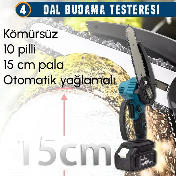 CHELİKBEİ EEA379 Akülü 8li Set Kırıcı Delici + 450Nm Somun Sökme + 13mm Vidalama + Dal budama makası + Dal testeresi + 125mm Avuç Taşlama + Dekupaj Testere + Powerbank ve Led - 7