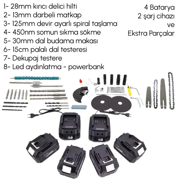 CHELİKBEİ EEA379 Akülü 8li Set Kırıcı Delici + 450Nm Somun Sökme + 13mm Vidalama + Dal budama makası + Dal testeresi + 125mm Avuç Taşlama + Dekupaj Testere + Powerbank ve Led - 2