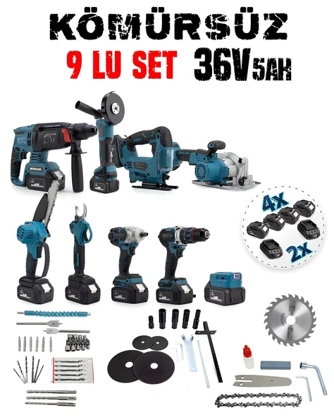 CHELİKBEİ EEA388 Akülü 9 LU Set (Power Bank & Led + Kırıcı Delici Matkap + Avuç taşlama + Somun Sıkma + Vidalama + Sunta Kesme + Dekupaj + Budama Testeresi + Budama Makası) - 2