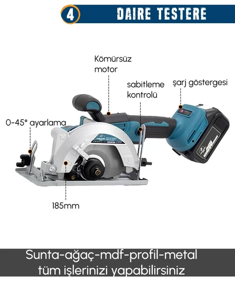 CHELİKBEİ EEA388 Akülü 9 LU Set (Power Bank & Led + Kırıcı Delici Matkap + Avuç taşlama + Somun Sıkma + Vidalama + Sunta Kesme + Dekupaj + Budama Testeresi + Budama Makası) - 6