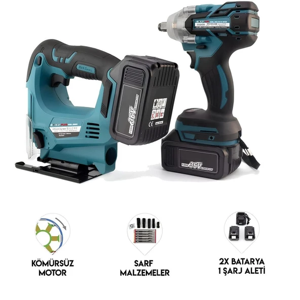 Akülü Kömürsüz 2li Set Ayarlanabilir Dekupaj Testere ve 350Nm  Somun Sıkma Sökme 36V 5ah (Mavi)  EEA429 - Resim 3