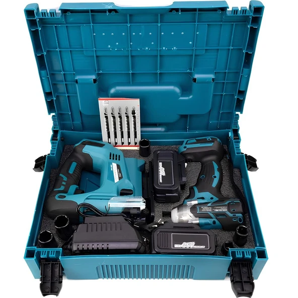 Akülü Kömürsüz 2li Set Ayarlanabilir Dekupaj Testere ve 350Nm  Somun Sıkma Sökme 36V 5ah (Mavi)  EEA429 - Resim 5