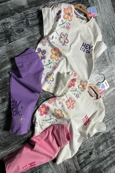 Yeni Sezon Çiçek Desenli Lila Renk Kapri Taytlı Kız Çocuk Takım - 4