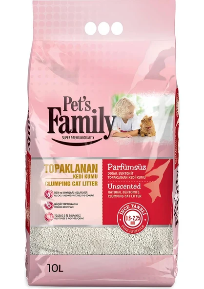 Pets Family Topaklanan Doğal Bentonit Parfümsüz İnce Taneli Super Premium Kedi Kumu 10 Lt - 1