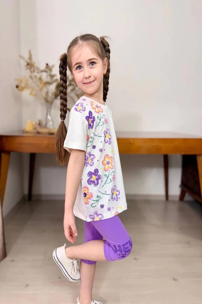 Yeni Sezon Çiçek Desenli Lila Renk Kapri Taytlı Kız Çocuk Takım - 2